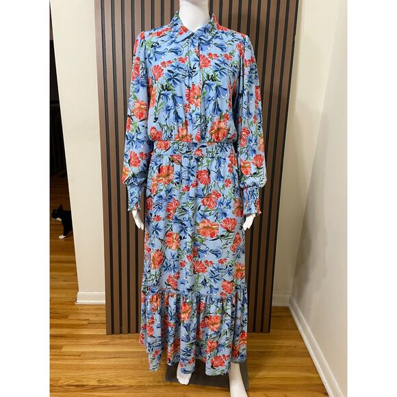 T Tahari Women's L Blue Dress Polyester Maxi Floral Smocked Waist Cottagecore - Picture 1 of 10